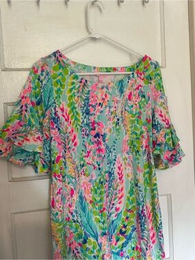 Lilly Pulitzer Floral Ruffle-Sleeve Tunic in Pink, Green & Blue